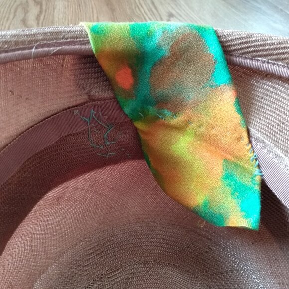 Vintage Taupe Straw Hat Tropical Orange Green Sash Sunhat Front Brim Rockabilly - Picture 9 of 12